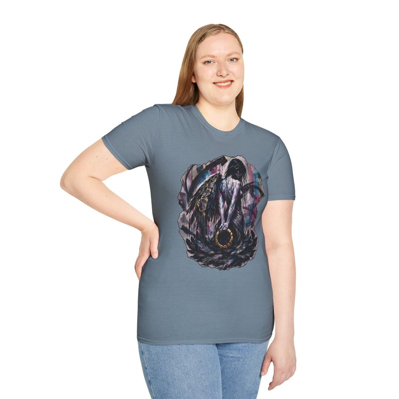 Gothic Angel Dark Beauty Broken Halo Feather Mural Unisex Softstyle T-Shirt