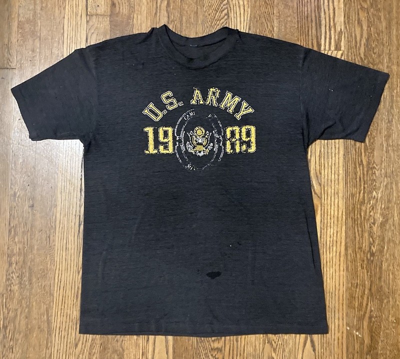 Vintage 80s US Army Single Stitch Shirt Military Camp Minnesota 1989 Distressed