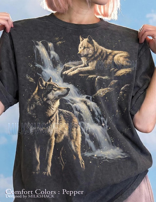 Two Wolves Waterfall Wildlife Nature Comfort Tee Shirt Men Women