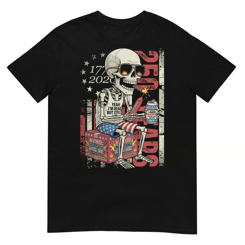 Skeleton Fireworks USA Flag 4th of July Patriotic Graphic T-Shirt