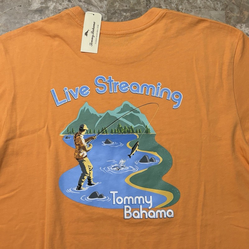 Tommy Bahama Shirt Mens Small Orange Apricot Live Streaming Fly Fishing Trout