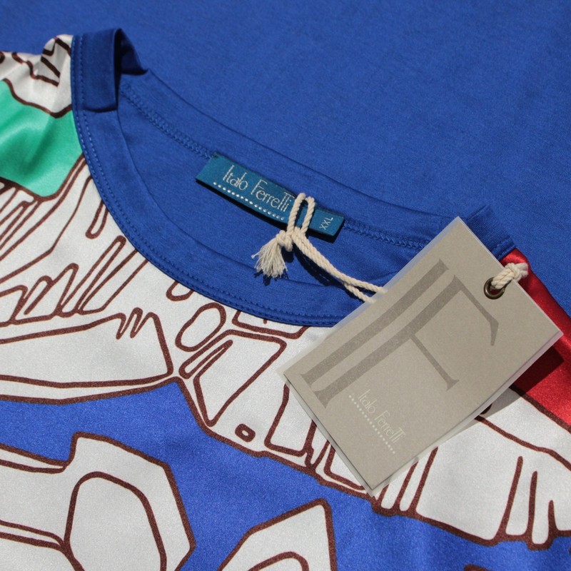 Italo Ferretti NWT Short Sleeve T-Shirt Size XXL Blue/White/Multi Cotton & Silk