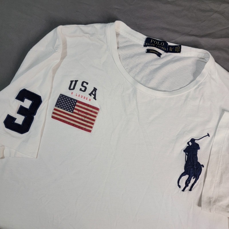 Polo Ralph Lauren Big Pony T-Shirt Men’s XL White Custom Fit SS USA Flag Patches