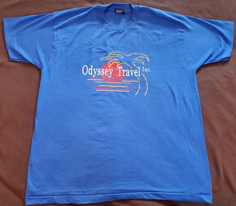 VTG 90s Odyssey Travel T-Shirt Mens XL Single Stitch Blue Tourist Vacation Tee
