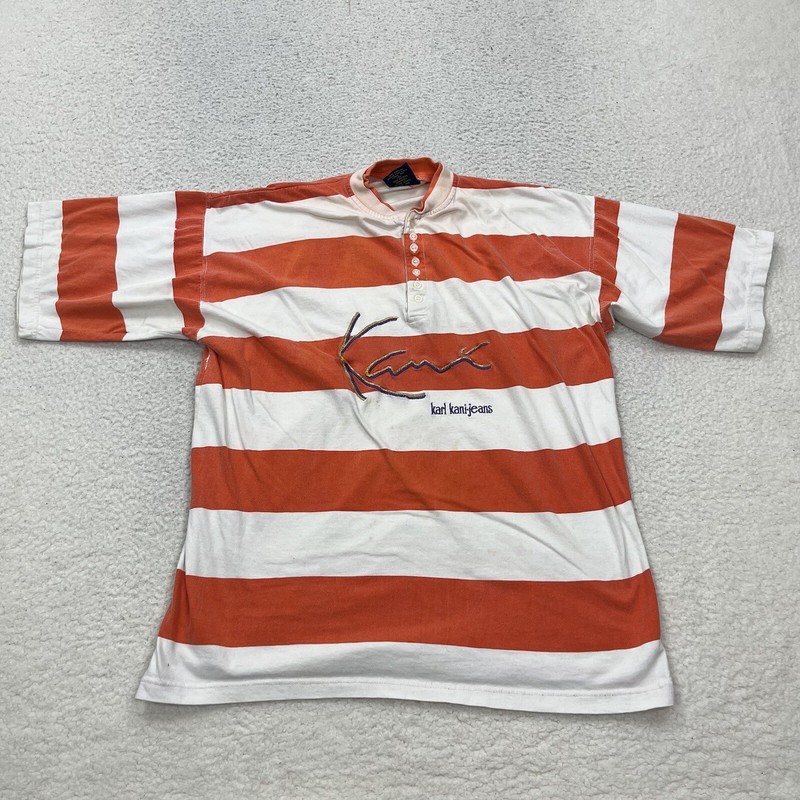 Karl Kani Jeans Shirt Mens Extra Large Orange Striped Pullover Henley