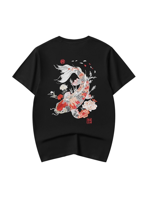 Niepce Men’s Koi Fish Embroidery Tee Japanese Streetwear T-Shirt