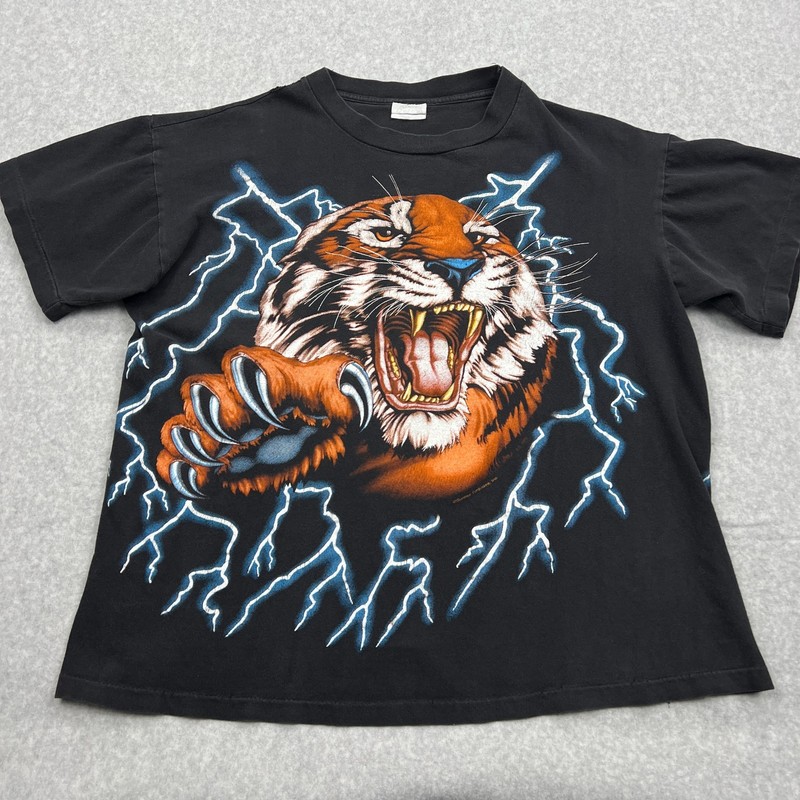 VTG American Thunder Tiger Lightning Shirt Adult Large Black Double Sided 90s