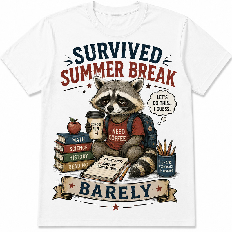 Survived Summer Break Barely Funny Raccoon Back To School T-Shirt