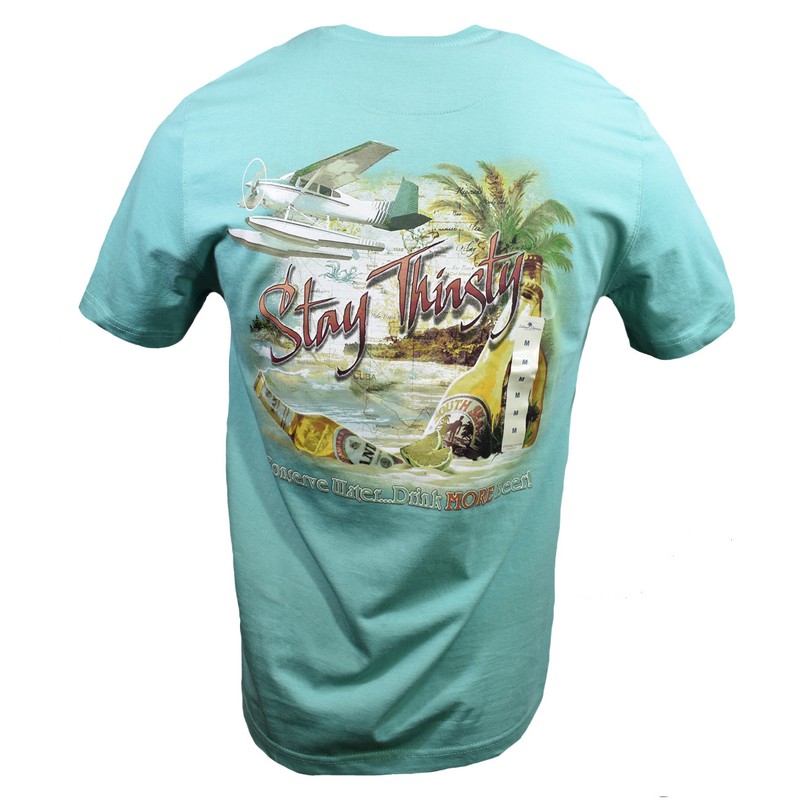 Stay Thirsty Men’s T-shirt “Island Shores” Conserve Water Drink Beer Summer NWT