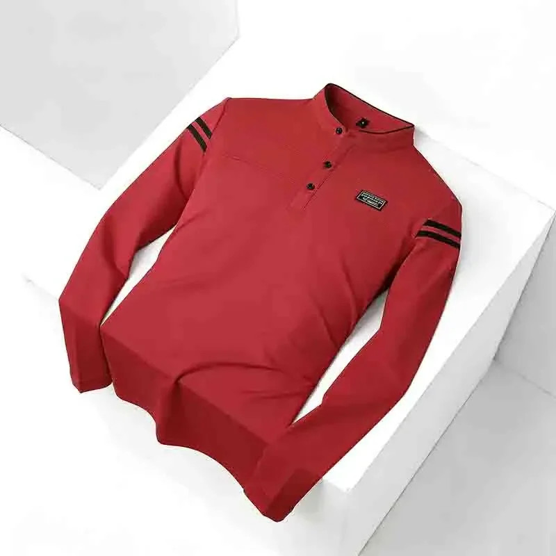 Men Stand Collar Long Sleeve Polo Shirt Stripe Accent Soft Breathable For Busine