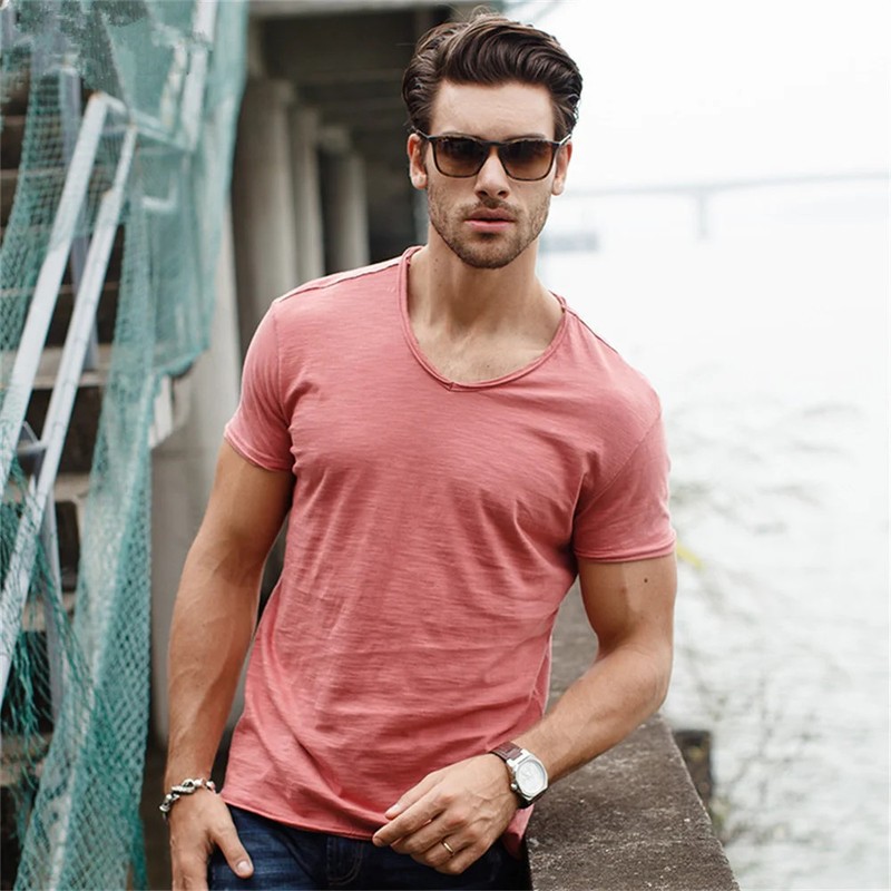 Brand Quality 100% Cotton Men T-shirt V-neck Fashion Design Slim Fit Soild T-shi gallery