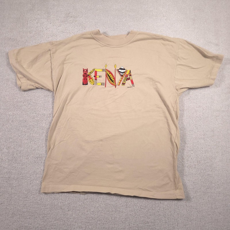 Dash Clothing Shirt Mens Large Beige Kenya Embroidered Graphic Tee Africa Travel