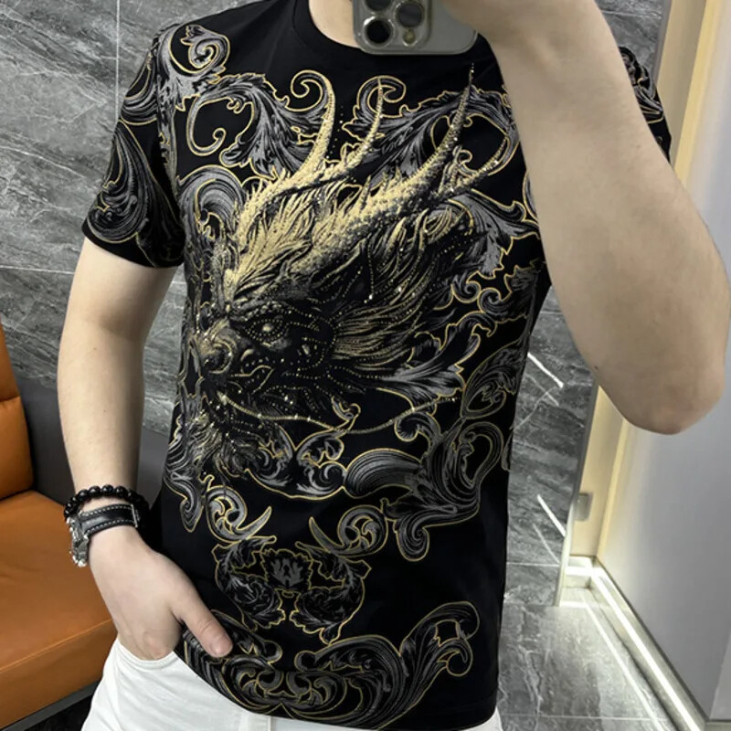 New Men Luxury Dragon Trend Rhinestones Diamonds Fashion Summer Black T-Shirt gallery