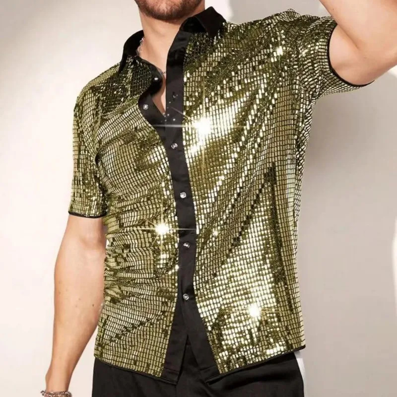 Men's Silver Metallic Sequins Glitter Shirt Summer Breathable Sparkling Short Sl gallery