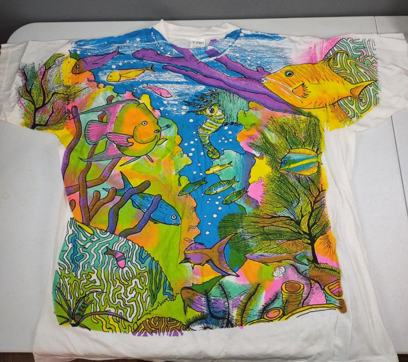 Vintage Underwater All Over Print Graphic Fish Seahorse Coral Reef Shirt 3XL