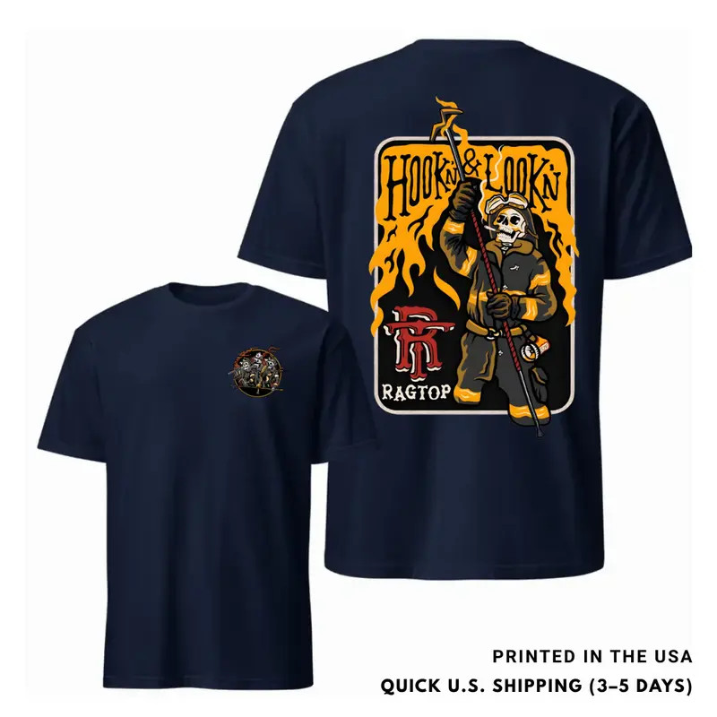 Hook & Lookin Firefighter T-Shirt � Skeleton Firefighter Graphic Tee, Vintage Re