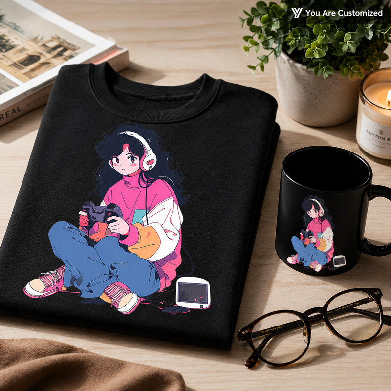Anime Gamer Girl Graphic T-Shirt White Unisex Gaming Manga Style Tee gallery