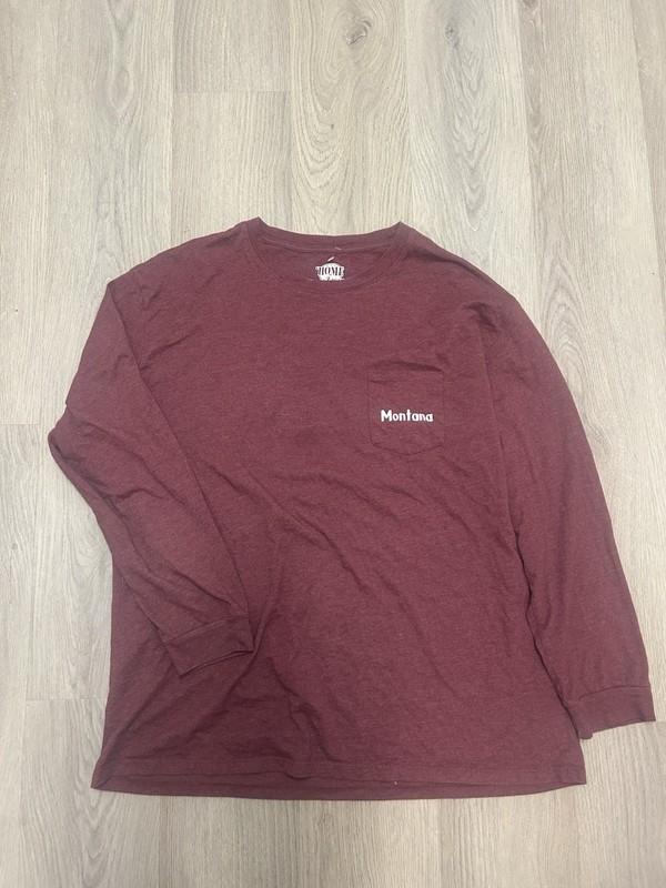Home Free T-Shirt Men’s 2XL Maroon Graphic Print Pocket Crew Neck Long Sleeve