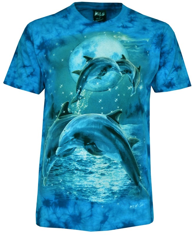 Tie Dye T-Shirt Dolphins Leaping under a Full Moon Aquatic Glow in Dark by Wild