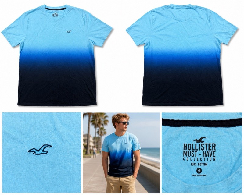 Hollister XL Blue Ombre T Shirt Gradient Fade Logo Short Sleeve Crew Neck Cotton