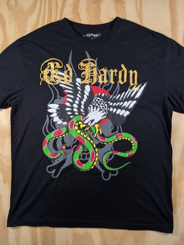 Ed Hardy NYC Graphic Print Tattoo Skull Eagle Snake Mens Large T-Shirt Gray