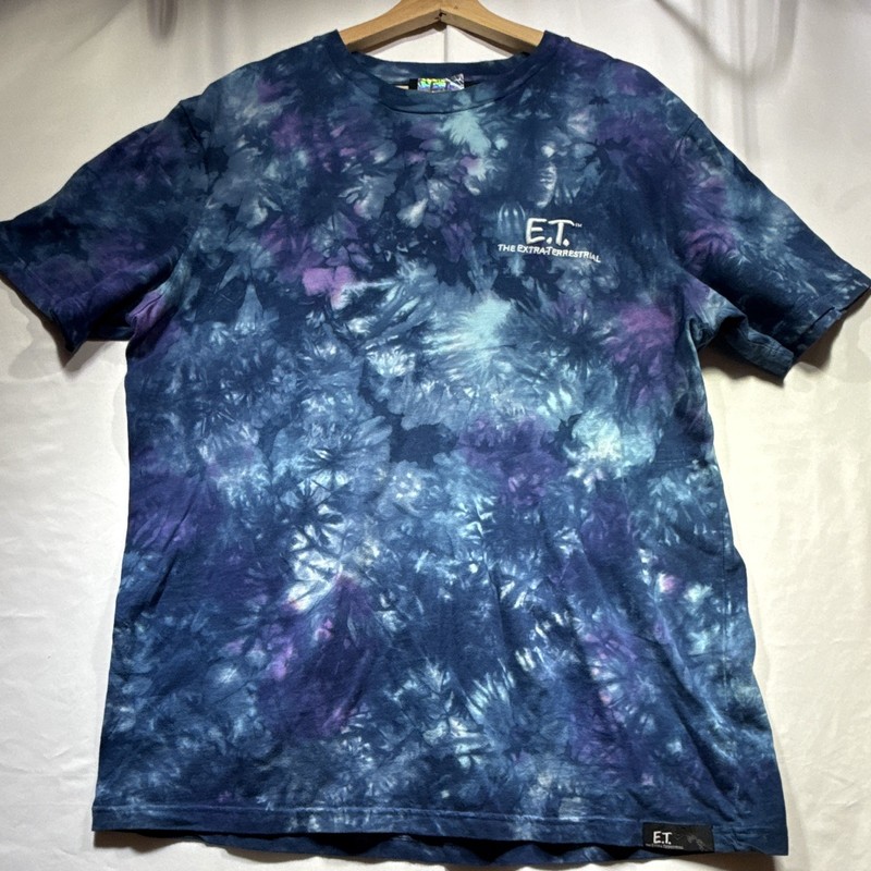 E.T. Men’s Blue Purple Tie-Dye E.T. Graphic Crew Neck Short Sleeve T-Shirt LG