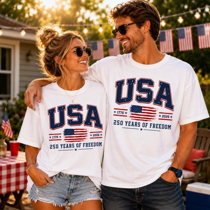 4th of July Couple Shirts America 250 Patriotic His Hers Tee