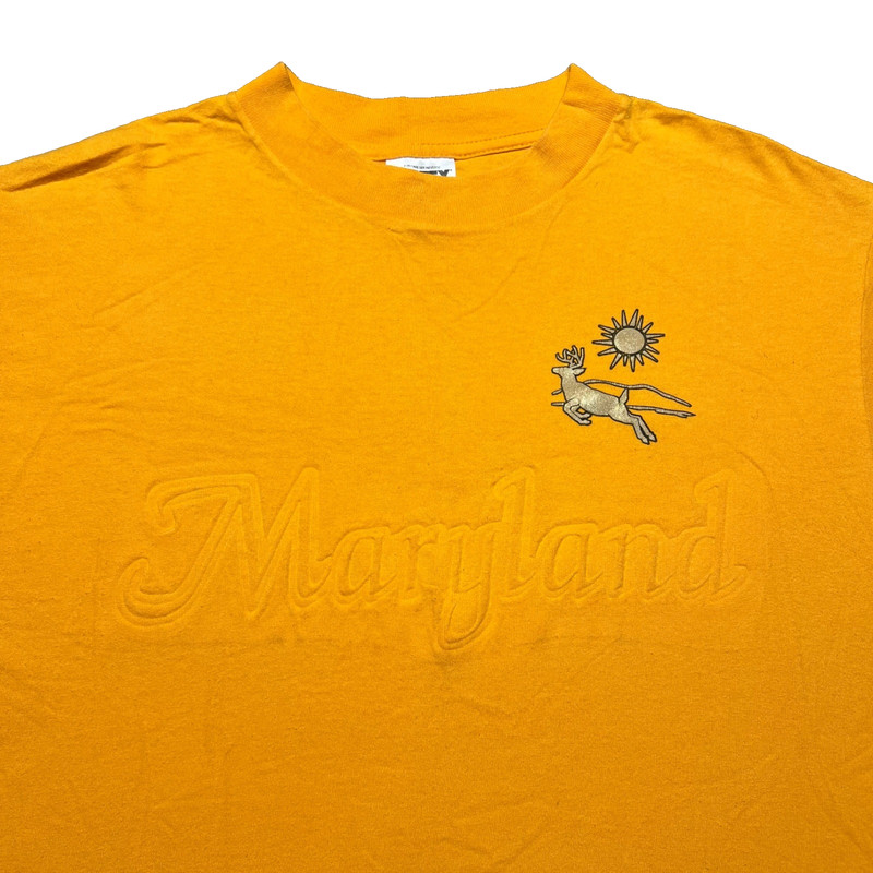 Vintage 90s Maryland Puff Print T Shirt Mens Large Yellow Deer Animal Tultex Tee gallery