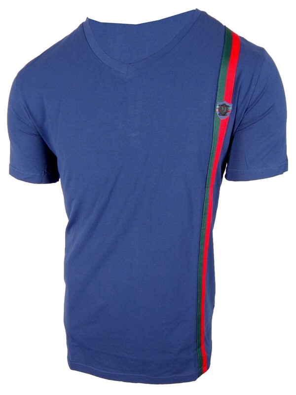 Mens T- Shirt Italian Side Sport Stripe Badge V-Neck Slim Fit Stretch Casual