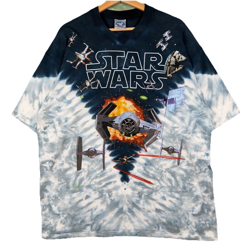 Vintage 90s Tie Dye Liquid Blue Star Wars T-shirt AOP Darth Vader X Wing SIZE XL
