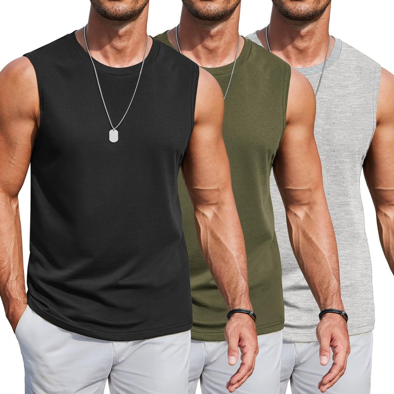 Mens Cut Off Tank Tops 3 Pack Sleeveless Cotton Shirt for Men Training Summer...