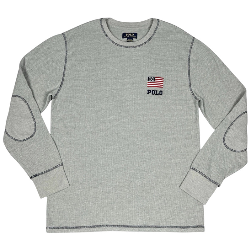 Polo Ralph Lauren Shirt Mens Large Gray Waffle Knit Flag Logo Elbow Patch Sleep