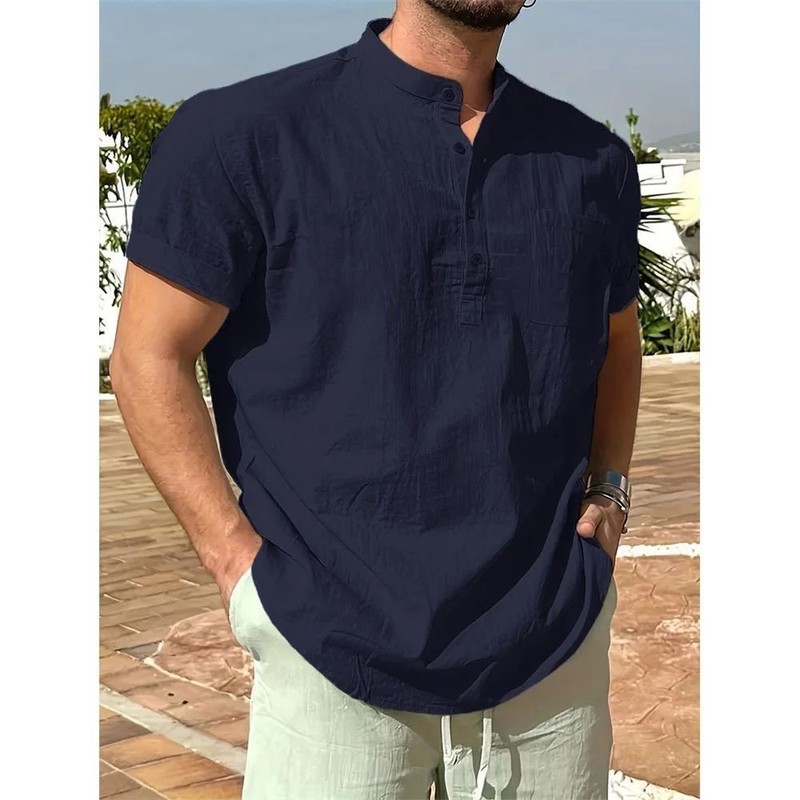 Men's Cotton Linen Henley Shirt Short Sleeve Casual Summer Pocket Tee gallery