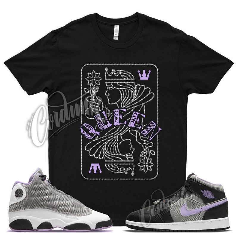 QUEEN T Shirt for J1 1 Mid SE GS Houndstooth Lilac Silver Plaid Violet 13