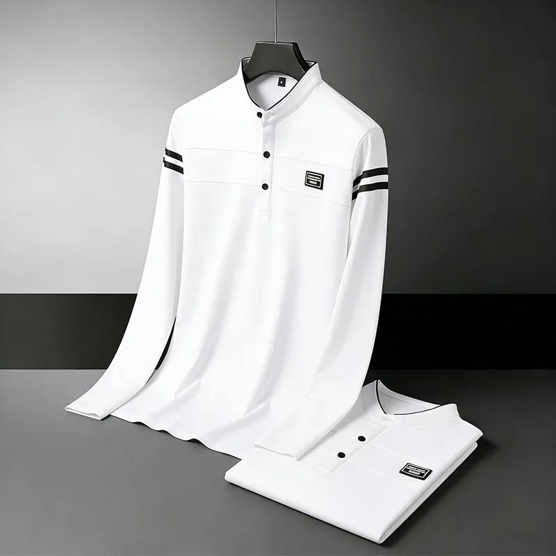 Men Stand Collar Long Sleeve Polo Shirt Stripe Accent Soft Breathable For Busine gallery