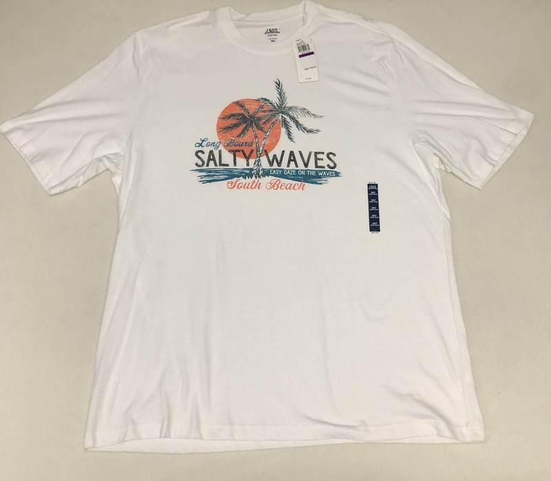 NWT IZOD Saltwater 2XLT White Graphic T Shirt Long Board Salty Waves South Beach