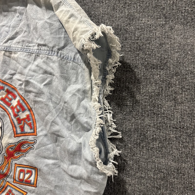 Vintage 00’s Daytona Bike Week Flaming Skull ‘02 Full Denim Button Up T-Shirt 3X gallery