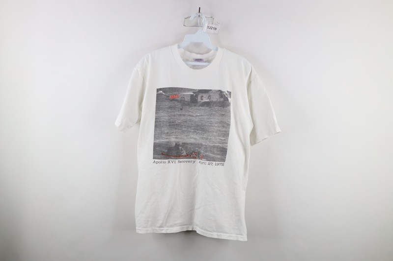 Vtg 90s Mens XL Faded Spell Out Apollo XVI Recovery Space Rocket T-Shirt White