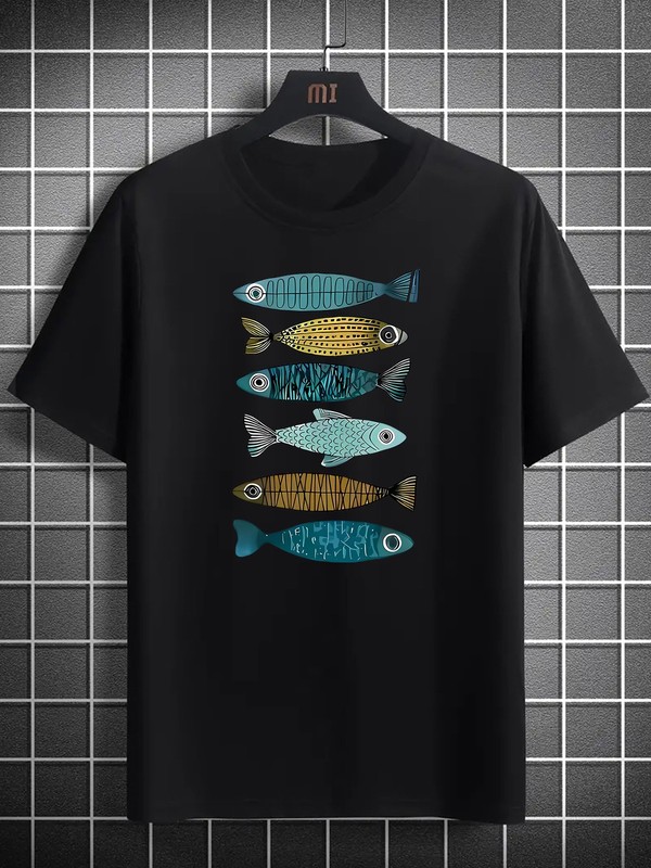 Creative Cartoon Fish Design for Men’S Trendy Print Patterns, Men’S Round Neck