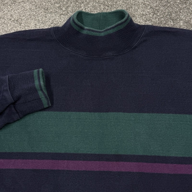 Vintage LL Bean Shirt Men Large Blue Outdoor Hike 80s 90s Striped Mock Neck USA