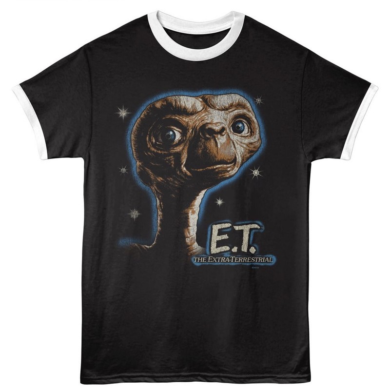 E.T. Movie Ringer T-Shirt Mens PORTRAIT LOGO New Black & White New Merch