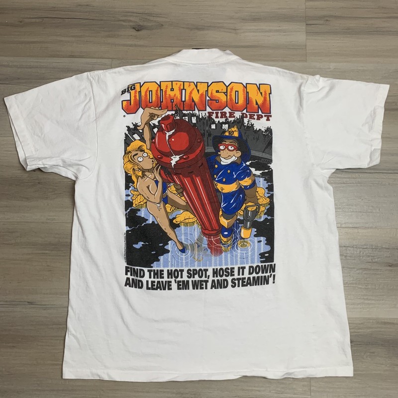 White Vintage 90s Big Johnson Fire Department Large/Medium Hot Spot Wet Steamin’