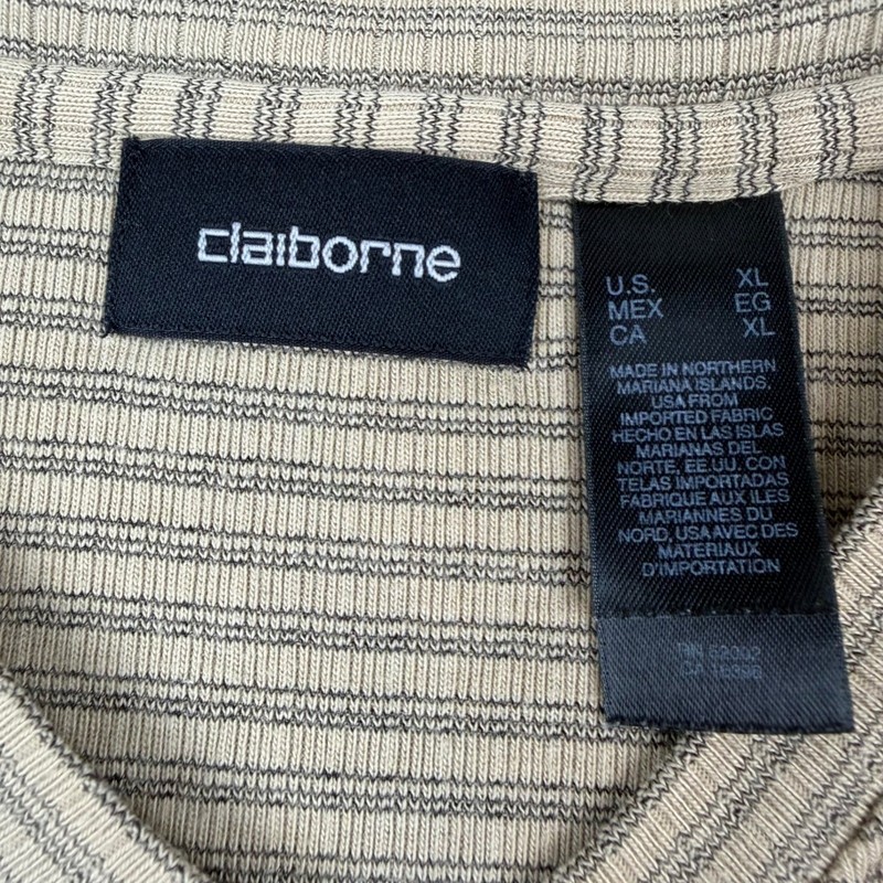 Claiborne V-Neck Shirt Men's XL Tan Horizontal Micro Stripe Short Sleeve Cotton gallery