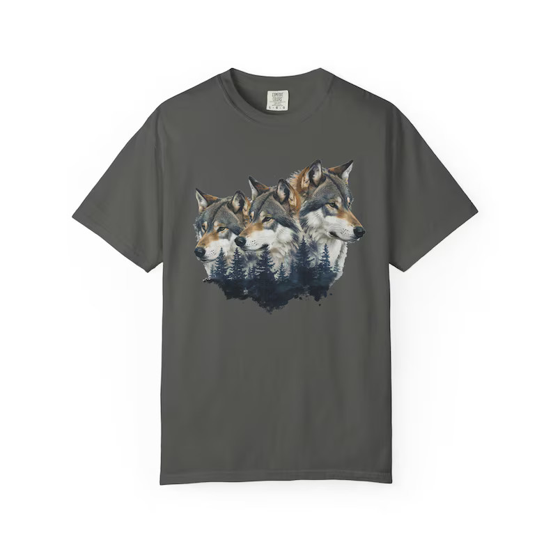 Three Wolf Heads Wildlife Animal Comfort Tee Shirt Nature Lover Gift gallery