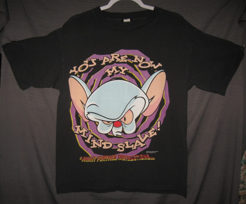 Vintage 1995 Pinky & Brain T Shirt Double Sided Cartoon Big Face Single Stitched