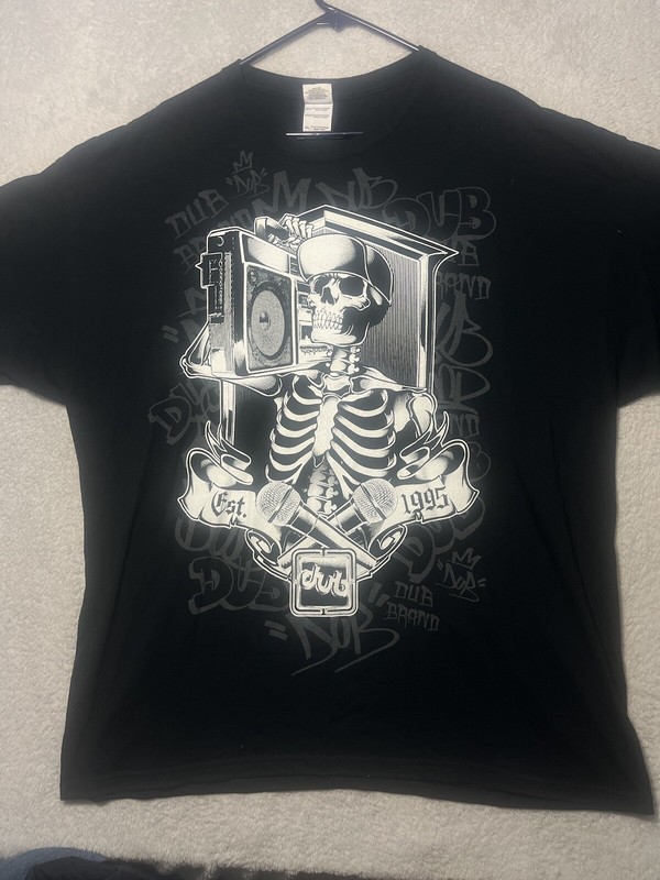 VTG 90s Dub Streetwear Mens XXL Skull Music Hip Hop Rock Skeleton Boombox Shirt gallery
