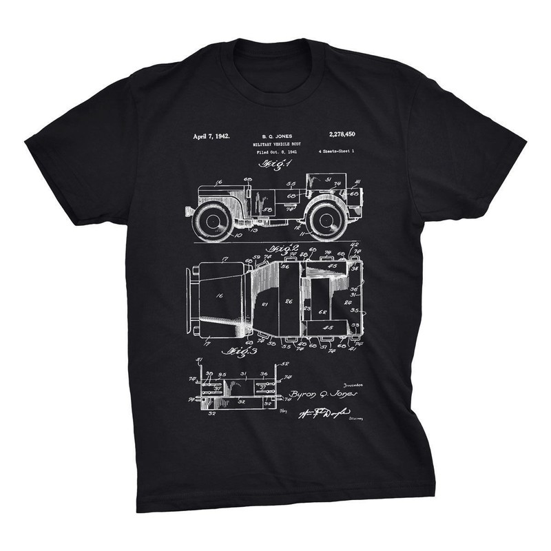 Jeep Patent T-Shirt. Jeep Shirt 100% Soft Cotton Tee on Black, White or Gray
