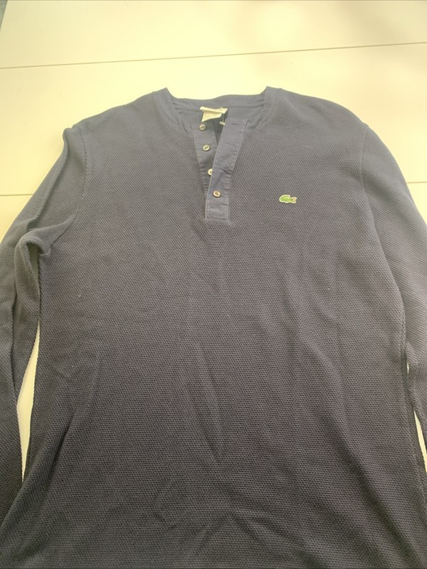 Lacoste Henley Neck Cut And Sew Waffle Linen Blend Long Sleeve 6 Navy Blue