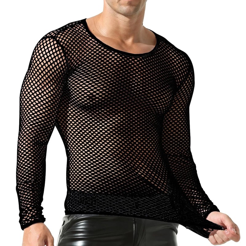 Men’s Fishnet Shirt Mens Fishnet Top Mesh Transparent Long Sleeve Muscle T-Sh…