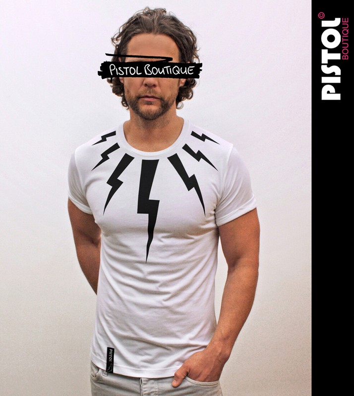 Pistol Boutique Men’s Rolled Sleeve White Crew CHEST LIGHTNING BOLTS T-shirt